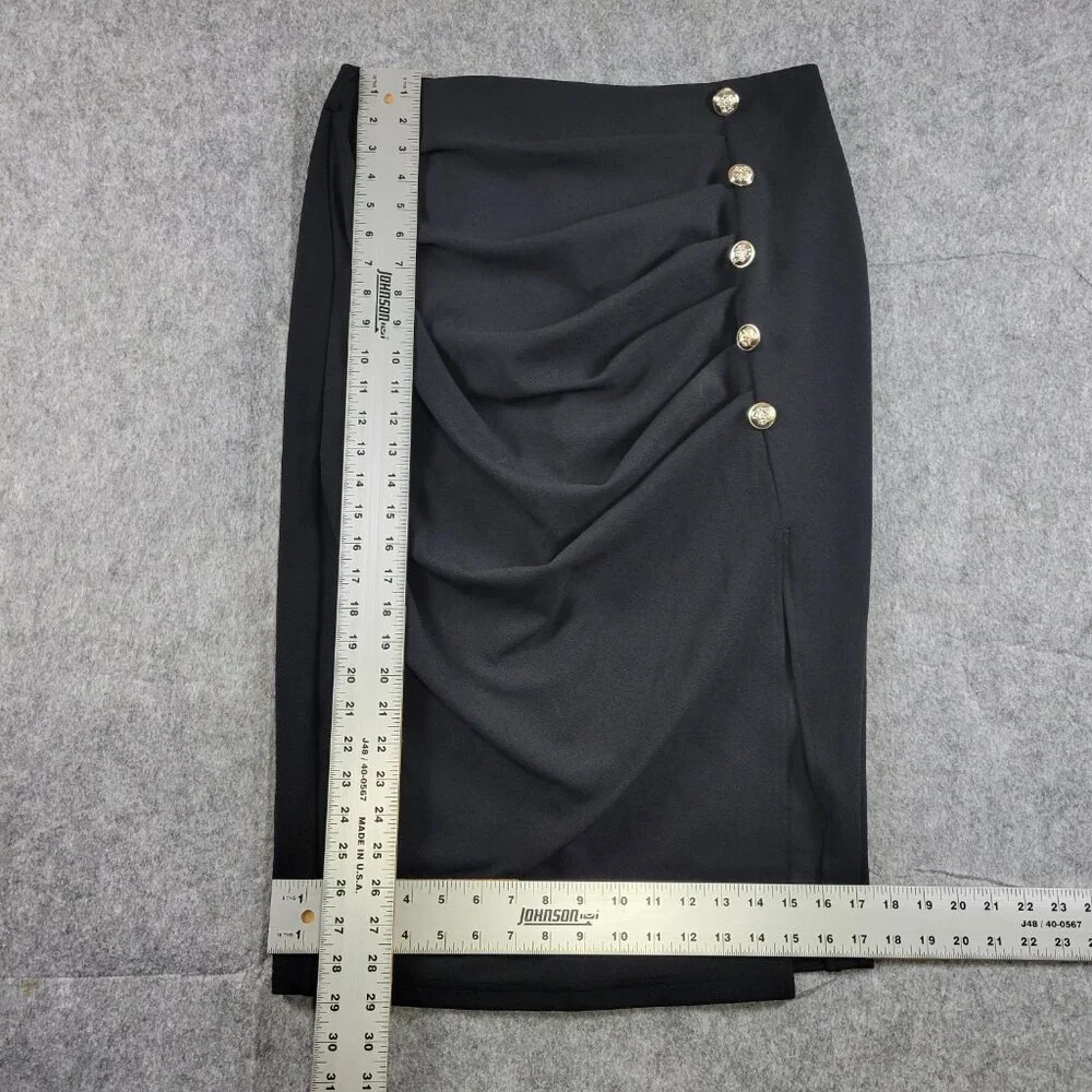 Shein Curve Ruched Split Thigh Gold Button Black Pencil Skirt Womens Size 0XL